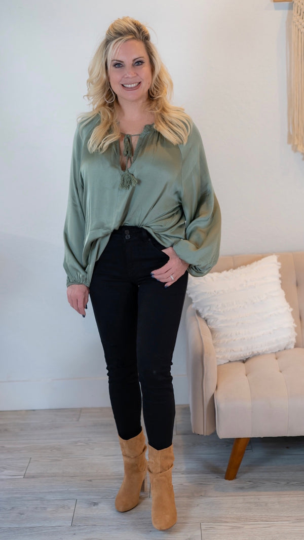 SATIN TASSEL TIE BLOUSE - LIGHT ARMY GREEN