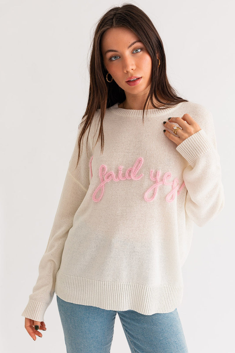 "I SAID YES" TINSEL SWEATER - OFF WHITE/PINK