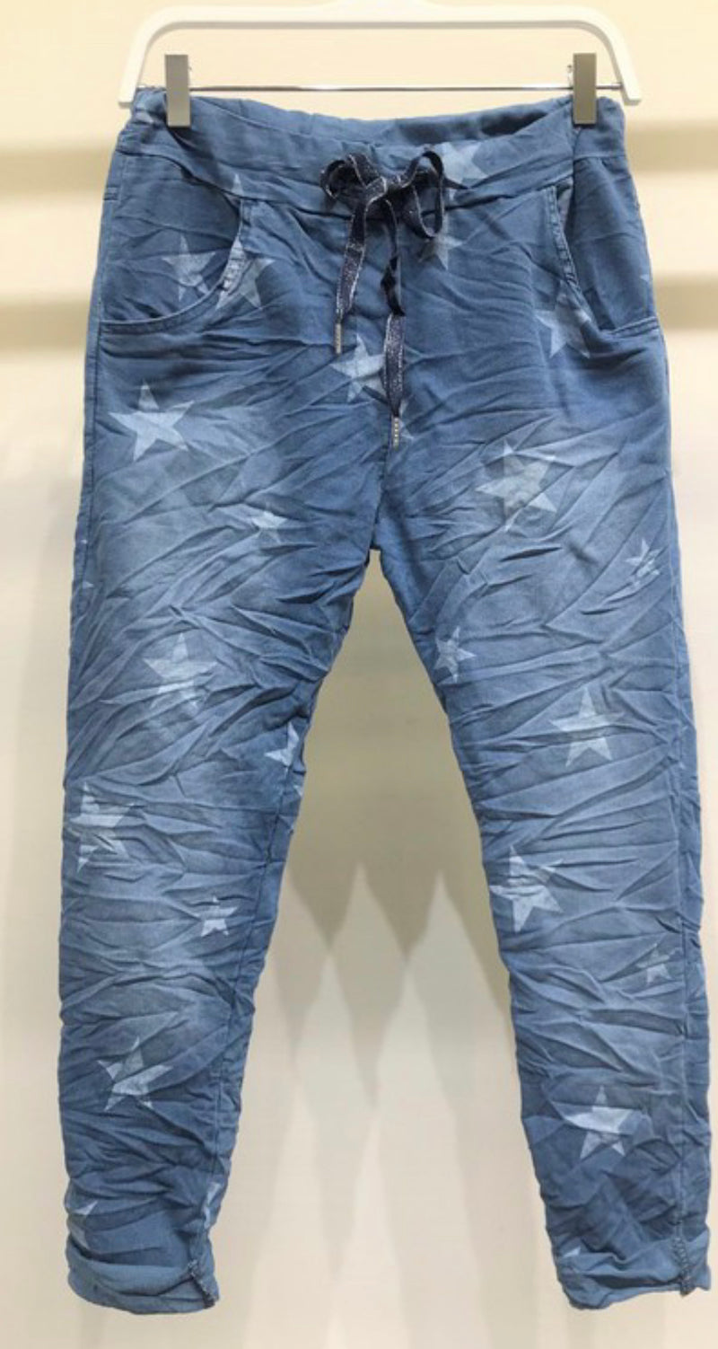 ALL OVER "STARS" CRINKLE JOGGER - DENIM BLUE