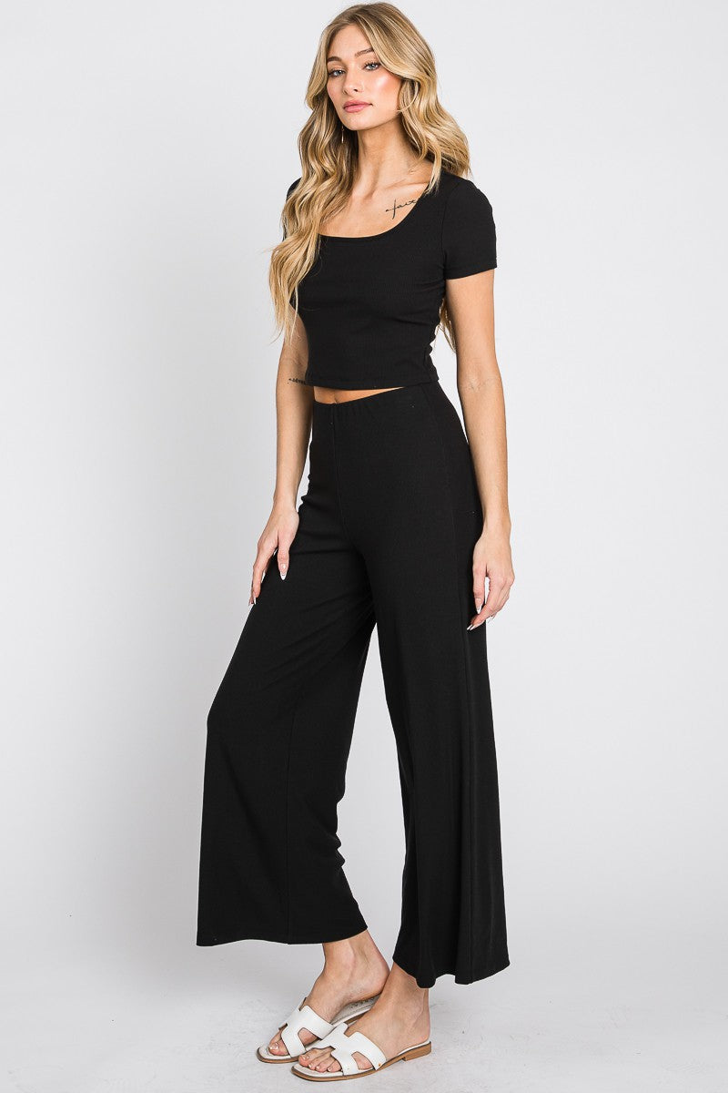 WIDE LEG JERSEY RIB PANTS - BLACK