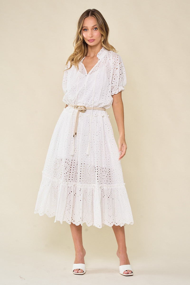 EYELET TIERED MAXI DRESS - OFF WHITE