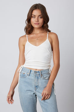 CROPPED V NECK RIBBED SIDE RUCHED TANK TOP - WHITE