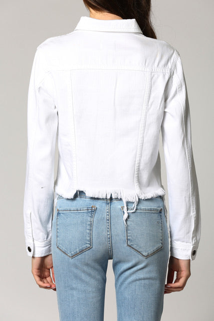 CROPPED FITTED FRAY DENIM JACKET - WHITE