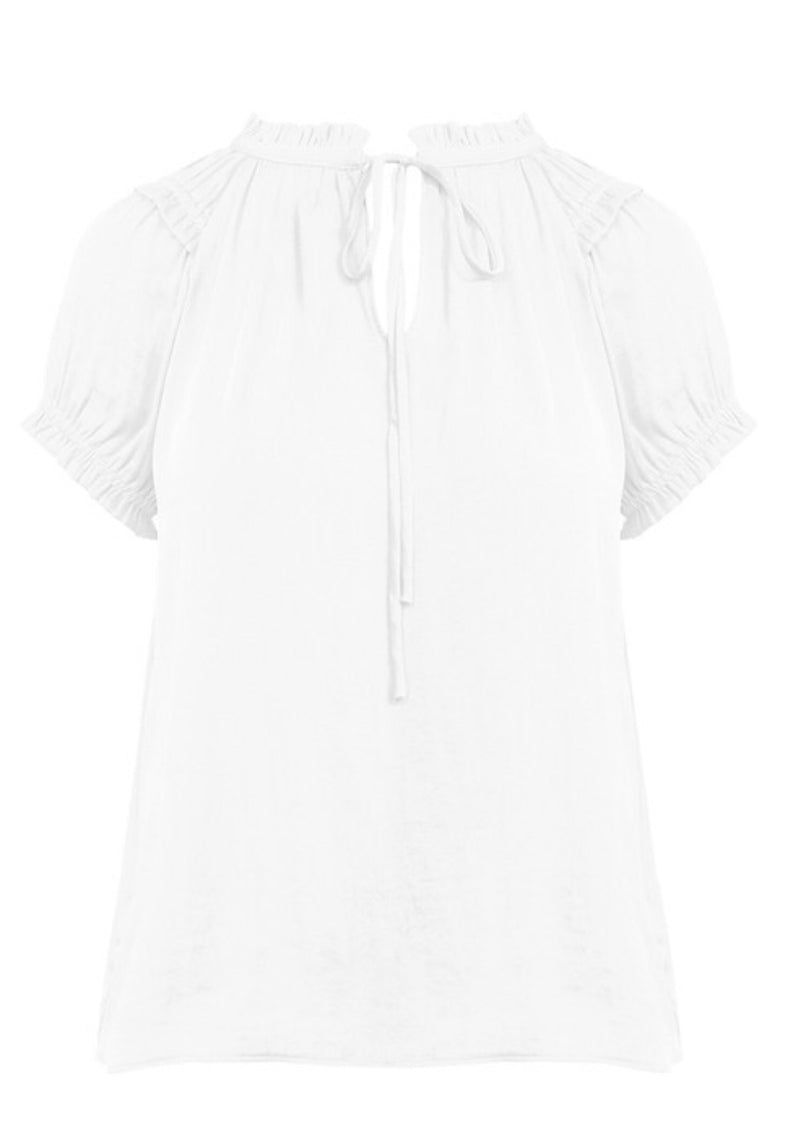 RUFFLE TRIM SPLIT NECK BLOUSE- OFF WHITE