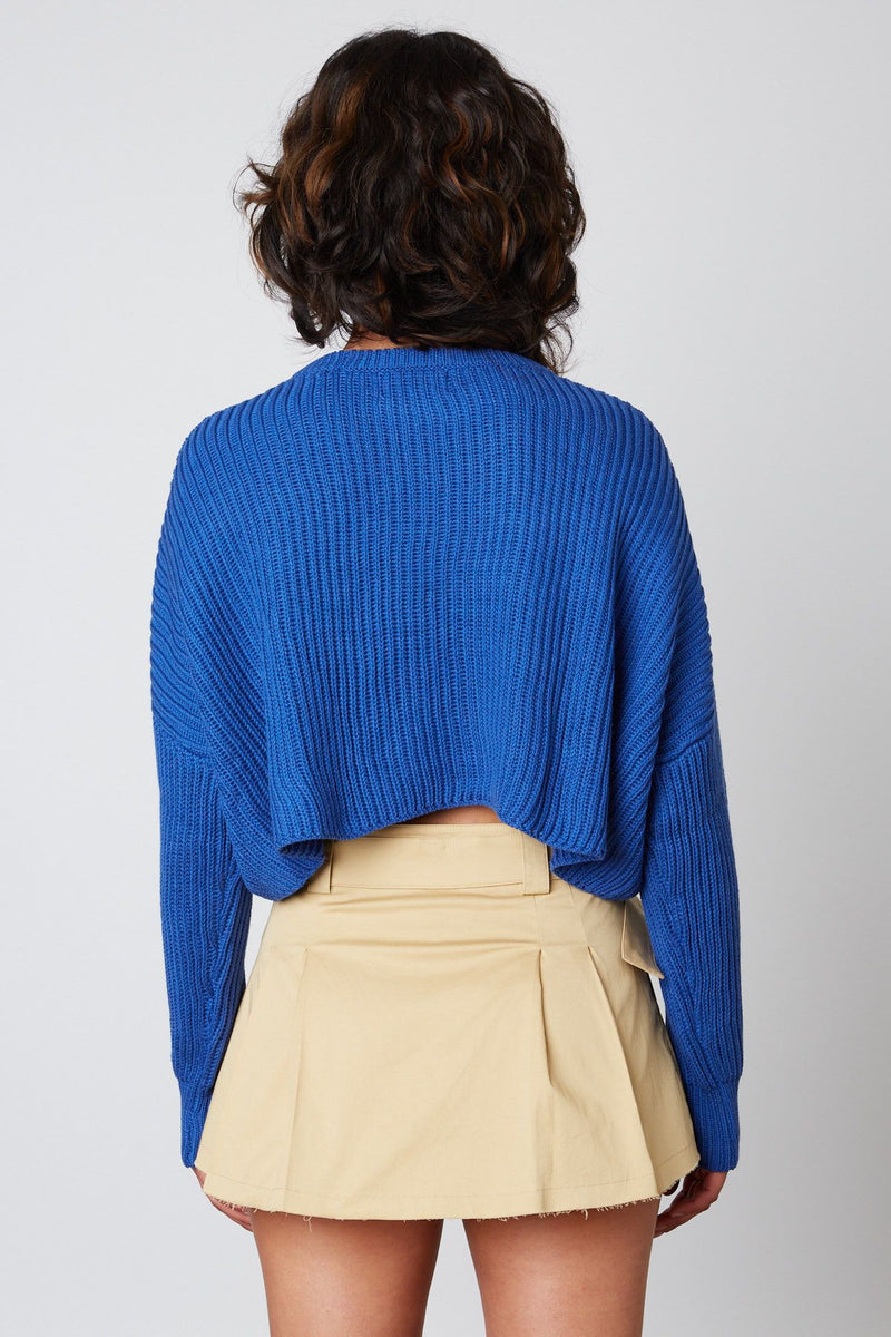 CROPPED KNIT SWEATER - COBALT BLUE