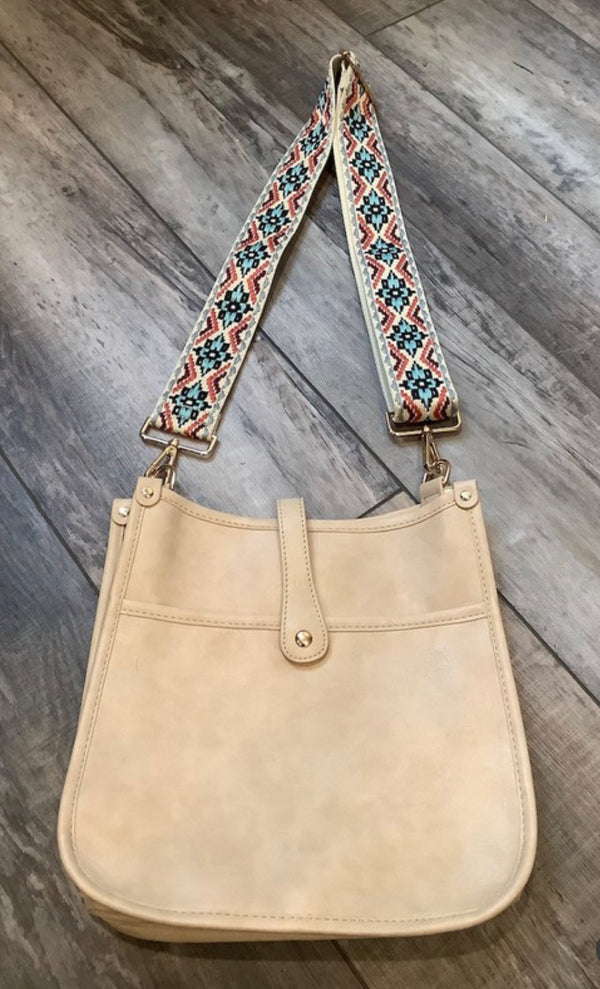 VEGAN LEATHER MESSENGER BAG W/STRAP - CREAM