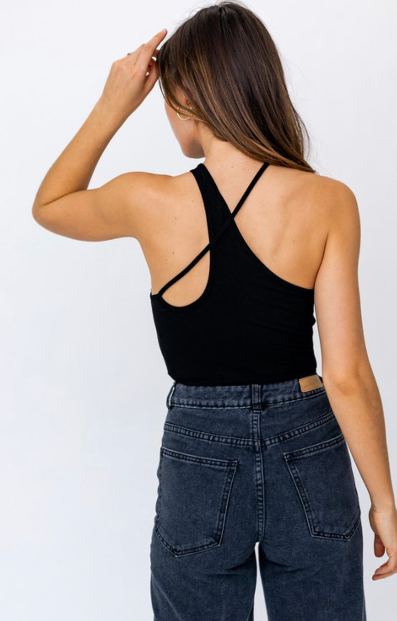 CRISS CROSS RIBBED BODYSUIT - BLACK