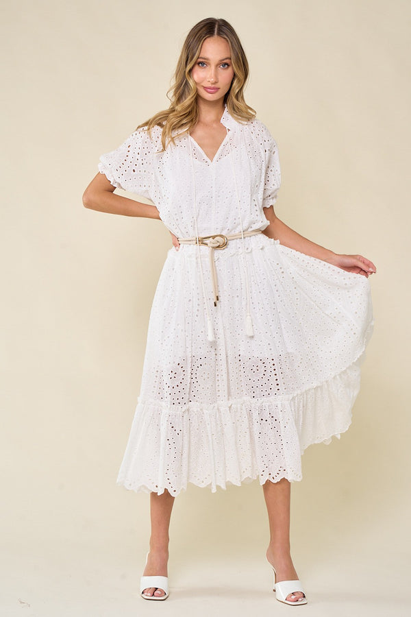EYELET TIERED MAXI DRESS - OFF WHITE