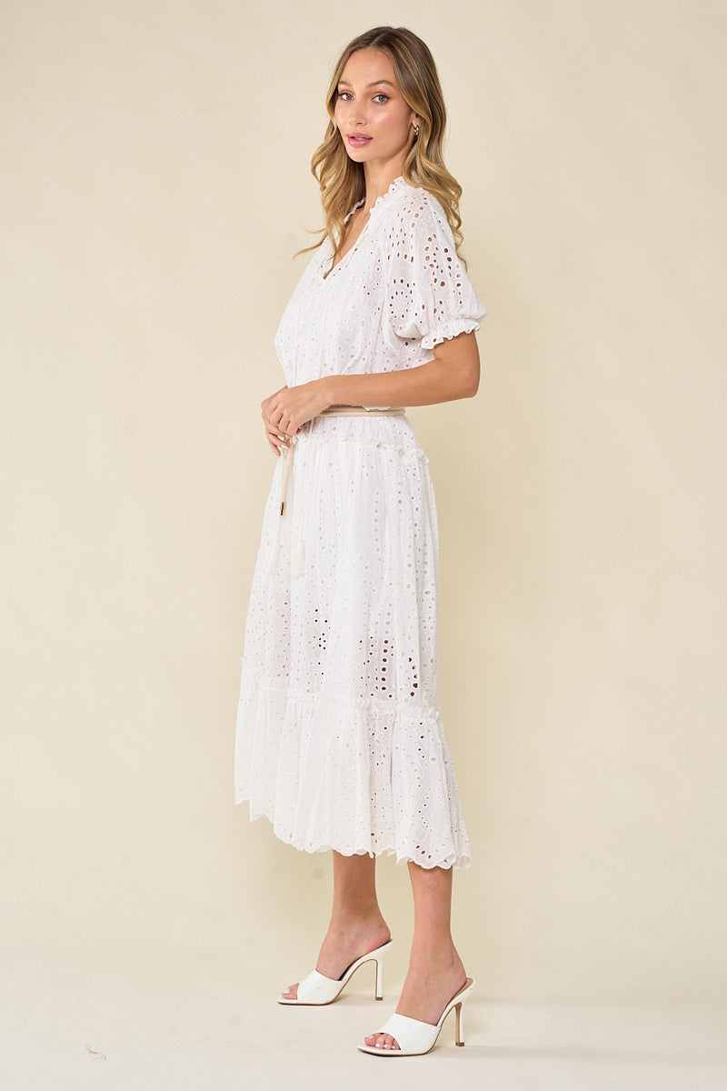 EYELET TIERED MAXI DRESS - OFF WHITE