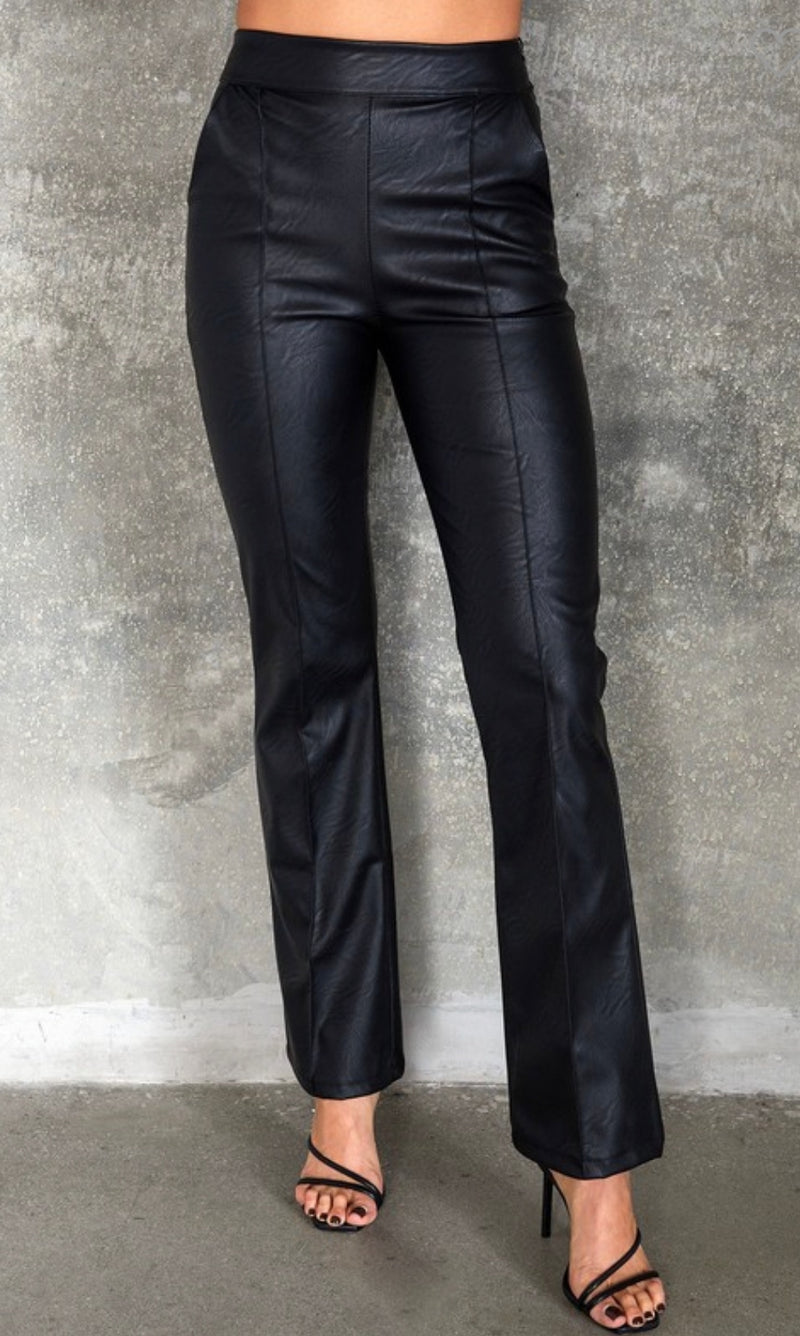 FAUX LEATHER FLARED PANT - BLACK