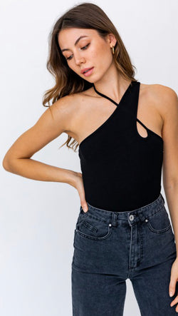 CRISS CROSS RIBBED BODYSUIT - BLACK