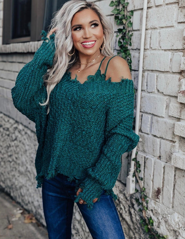 DISTRESSED V-NECK SWEATER - TEAL