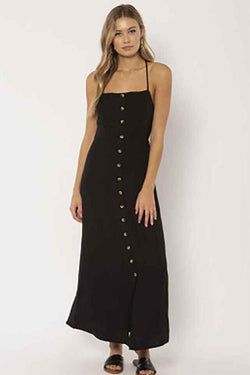 AMUSE SOCIETY BUTTON FRONT MAXI DRESS WITH OPEN BACK & CROSS STRAPS -BLACK