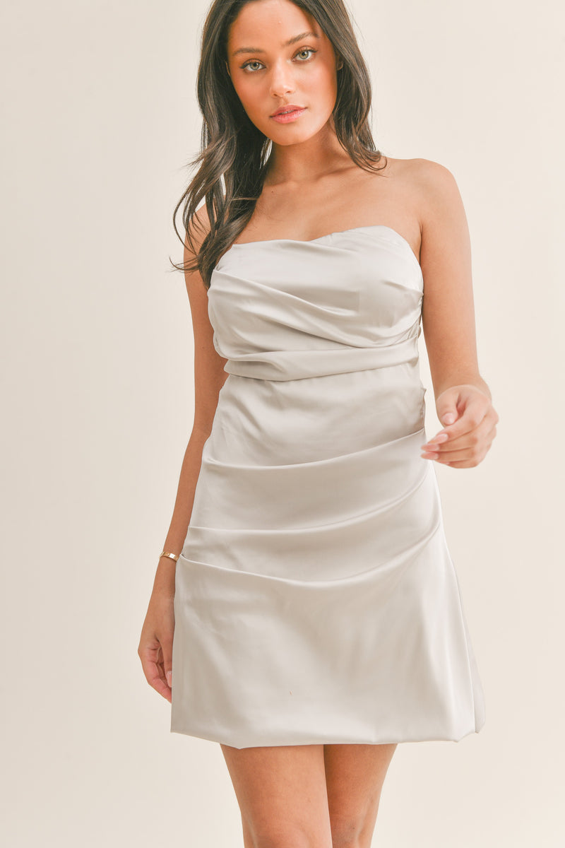 STRAPLESS SATIN RUCHED MINI DRESS - OYSTER