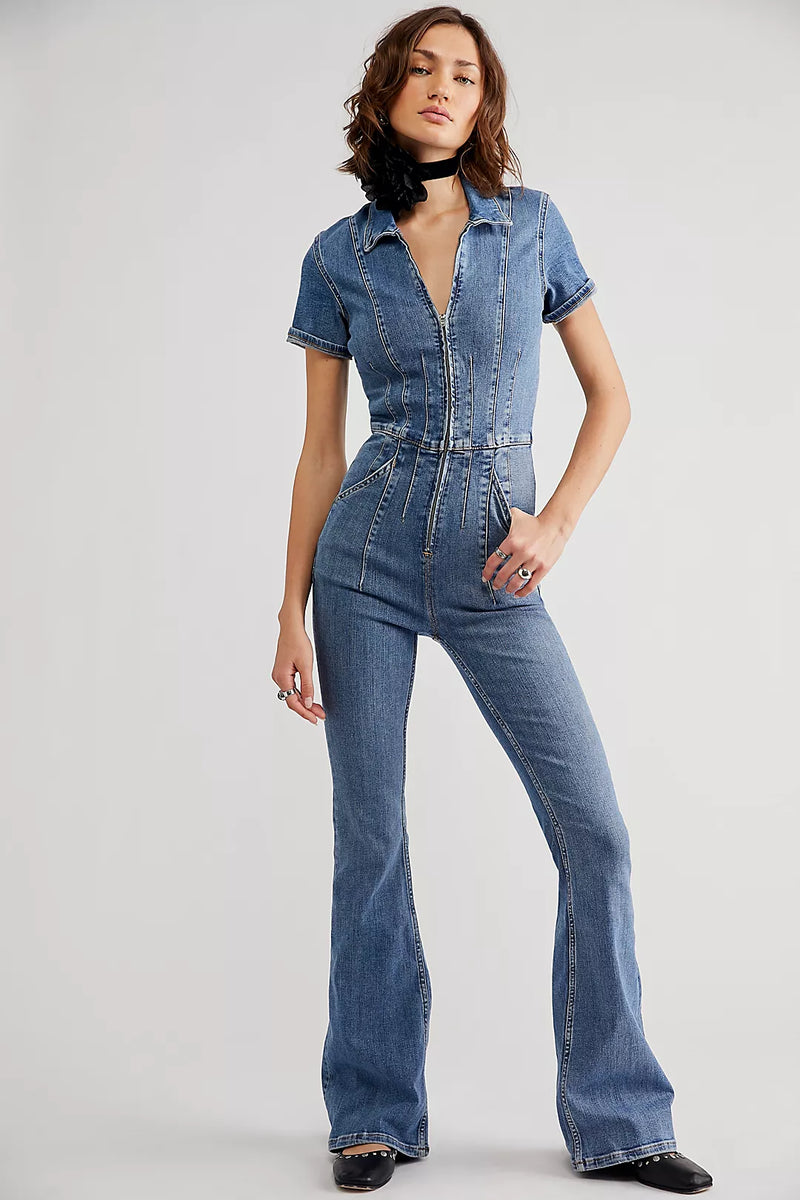 FREE PEOPLE JAYDE FLARE JUMPSUIT - SUNBURST BLUE